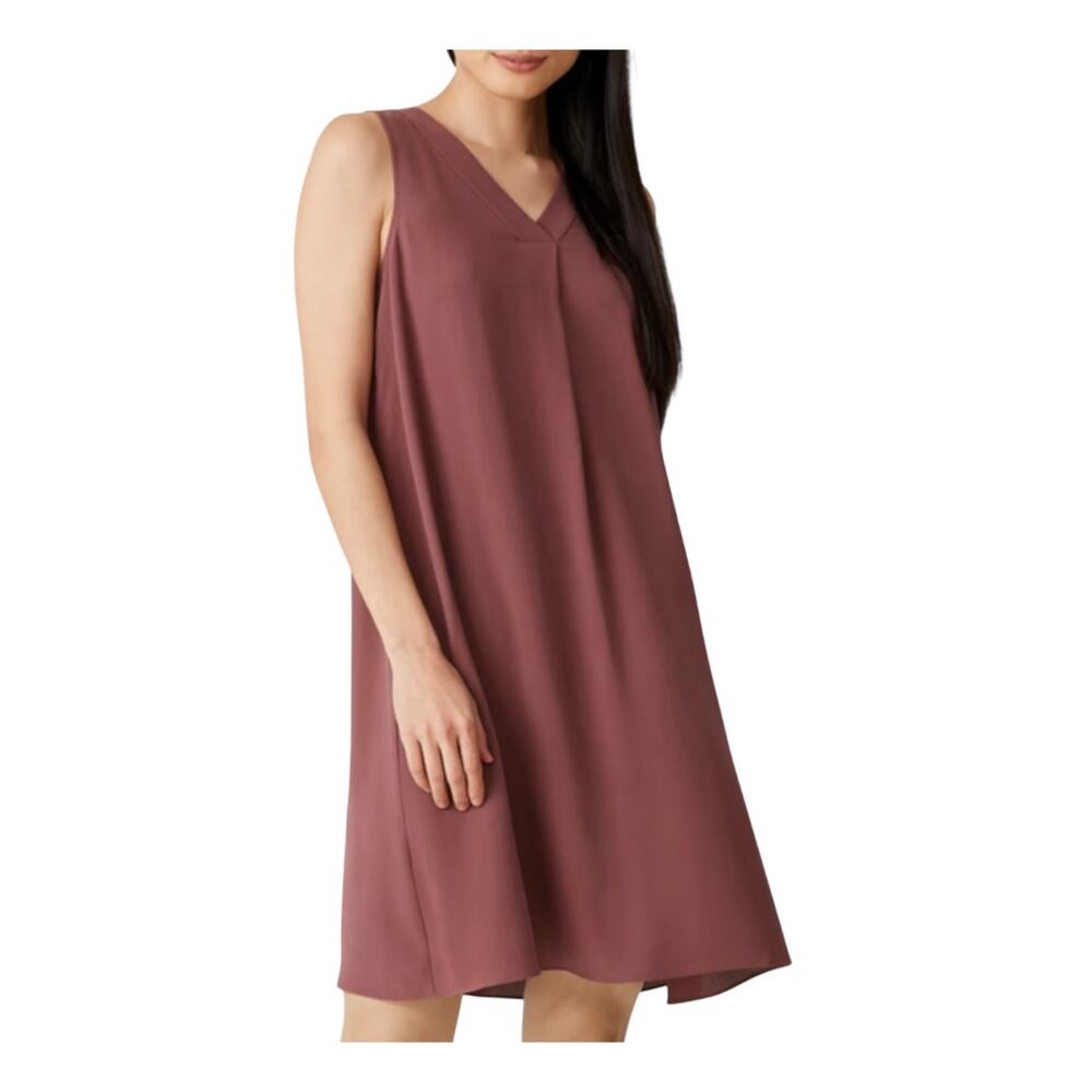 Eileen Fisher PETITE Silk Georgette Crepe Pleated Sleeveless V-Neck Shift Dress